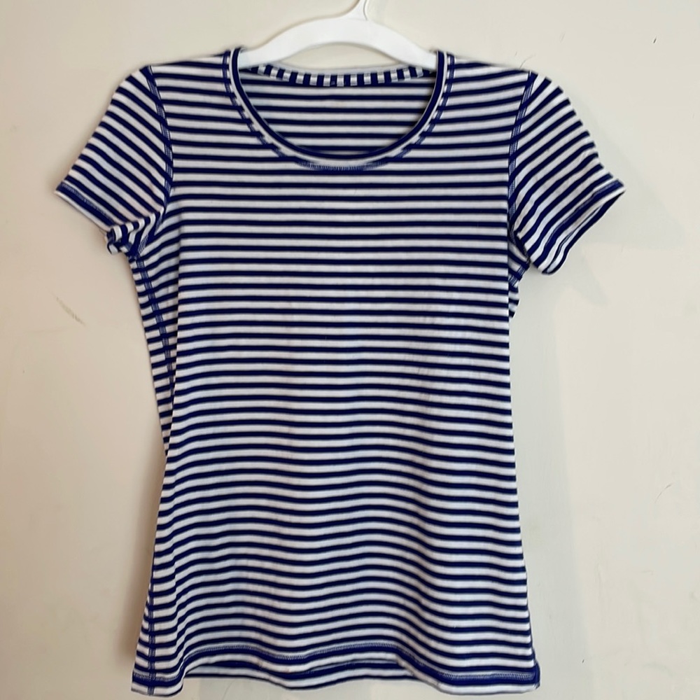 Blue and white striped Lululemon short sleeve T-shirt